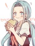  ! 1girl :i ^^^ absurdres ahoge alternate_hairstyle background_text bangs black_vest blue_eyes blue_hair blush bread closed_mouth eating food food_on_face forehead granblue_fantasy hands_up highres holding holding_food long_hair looking_at_viewer low_twintails lyria_(granblue_fantasy) neckerchief parted_bangs pink_neckwear puffy_short_sleeves puffy_sleeves sailor_collar school_uniform serafuku shirt short_sleeves simple_background sofra solo translated twintails upper_body v-shaped_eyebrows very_long_hair vest white_background white_sailor_collar white_shirt 