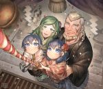  2boys 2girls blonde_hair blue_eyes blue_hair brother_and_sister byleth_(fire_emblem) byleth_(fire_emblem)_(female) en_mouth father_and_daughter father_and_son fire_emblem fire_emblem:_three_houses green_hair highres japanese_clothes jeralt_reus_eisner kimono korokoro_daigorou looking_at_viewer mother_and_daughter mother_and_son multiple_boys multiple_girls siblings smile ss twins 