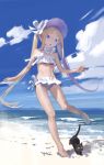  1girl :o abigail_williams_(fate/grand_order) abigail_williams_(swimsuit_foreigner)_(fate) barefoot beach bikini black_cat blonde_hair blue_eyes bonnet cat cloud day fate/grand_order fate_(series) frilled_bikini frills highres long_hair lynchis ocean open_mouth outdoors sidelocks sky strapless strapless_bikini swimsuit water white_bikini white_headwear 