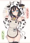  1girl :o animal_costume animal_ears animal_print apron bangs bare_shoulders bell black_hair black_legwear blue_eyes blush breasts clothing_cutout commentary_request cow_ears cow_hood cow_horns cow_print cow_tail cowbell cowboy_shot ear_tag fake_animal_ears fake_horns fake_tail hair_ribbon hands_up heart_cutout highres horns long_sleeves looking_at_viewer medium_hair neck_bell nonono_(mino) original panties red_ribbon ribbon side-tie_panties small_breasts solo standing tail thighhighs translation_request underwear white_panties 
