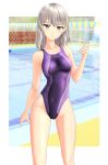  1girl absurdres blue_eyes blurry breasts competition_swimsuit covered_navel cowboy_shot depth_of_field girls_und_panzer highleg highleg_swimsuit highres itsumi_erika looking_at_viewer medium_breasts medium_hair one-piece_swimsuit parted_lips pool purple_swimsuit silver_hair solo standing string_of_flags swimsuit takafumi 