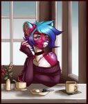  anthro beverage blue_eyes blue_hair blue_nose border clothing corkiicorgii cup cutlery felid feline female food fur hair kitchen_utensils mammal pink_body pink_fur plant red_border sabertooth_(disambiguation) short_hair solo solo_focus spoon sweater tea tools topwear windows_(disambiguation) 