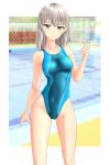  1girl absurdres blue_eyes blue_swimsuit blurry breasts competition_swimsuit covered_navel cowboy_shot depth_of_field girls_und_panzer highleg highleg_swimsuit highres itsumi_erika looking_at_viewer medium_breasts medium_hair one-piece_swimsuit parted_lips pool silver_hair solo standing string_of_flags swimsuit takafumi 