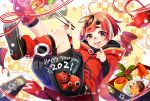  1girl 2021 :d ahoge akabeko artist_name bandaid bandaid_on_nose bangs blunt_bangs brown_eyes chopsticks commentary_request cup eyebrows_visible_through_hair finger_to_mouth flip-flops food food_on_face happy_new_year hikimayu holding holding_chopsticks hood hood_down hoodie horns jin_akhr leg_warmers looking_at_viewer lunchbox multicolored_hair new_year obentou open_mouth original puffy_shorts red_hair sakazuki sandals short_eyebrows short_hair shorts signature smile solo star_(symbol) tassel teapot wide_sleeves 