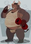  2021 anthro belly bodily_fluids bovid bovine bulge cattle clothing eyes_closed hi_res humanoid_hands kemono male mammal milk motogen overweight overweight_anthro overweight_male shirt solo sweat tank_top topwear underwear 