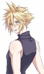  1boy bangs bare_arms bare_shoulders blonde_hair blue_eyes blush cloud_strife commentary_request embarrassed final_fantasy final_fantasy_vii hair_between_eyes hana_dji looking_at_viewer looking_to_the_side male_focus open_mouth simple_background sleeveless sleeveless_turtleneck solo spiked_hair toned turtleneck twitter_username upper_body white_background 