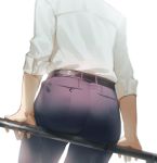  1boy against_railing arm_support ass ass_focus back backlighting bloom from_behind head_out_of_frame highres ishida_(segu_ishida) male_focus on_railing original pants railing shirt simple_background sitting sleeves_folded_up solo 