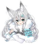  1girl :d animal_ear_fluff animal_ears bangs blush capelet copyright_request cropped_torso eyebrows_visible_through_hair fang fur-trimmed_capelet fur_trim green_eyes grey_capelet grey_hair hair_between_eyes hair_ornament hairclip hands_together highres long_hair long_sleeves looking_at_viewer nachiru open_mouth own_hands_together shirt simple_background smile solo translation_request upper_body virtual_youtuber white_background white_shirt 