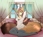  anthro bed bedroom breasts brown_hair canid canine cleavage clothed clothing corkiicorgii curtains female footwear fox furniture green_eyes green_lips green_nose hair imogen_jones(character) jewelry legwear lips long_hair long_tail mammal necklace pillow shirt socks solo stretching thigh_highs thigh_socks topwear tufts window 