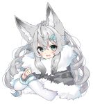  1girl :d animal_ear_fluff animal_ears bangs blush capelet commentary_request copyright_request cropped_torso eyebrows_visible_through_hair fang fur-trimmed_capelet fur_trim green_eyes grey_capelet grey_hair hair_between_eyes hair_ornament hairclip hands_together highres long_hair long_sleeves looking_at_viewer nachiru open_mouth own_hands_together shirt simple_background smile solo upper_body virtual_youtuber white_background white_shirt 