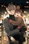  1boy 1girl absurdres animal_ears bangs black_gloves black_sweater blurry bokeh boots brown_eyes brown_footwear brown_hair brown_jacket btmr_game carrying child city_lights depth_of_field doujima_nanako dress fake_animal_ears gloves grey_jacket hair_bobbles hair_ornament hat highres jacket long_sleeves low_twintails mini_hat narukami_yuu night open_mouth outdoors persona persona_4 pink_dress pink_gloves short_twintails signature silver_eyes silver_hair smile star_(symbol) star_wand sweater turtleneck turtleneck_sweater twintails wand witch_hat 