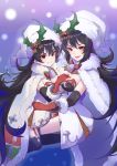  2girls bangs bell black_hair black_legwear blush breasts cape cleavage closed_mouth dual_persona elbow_gloves fur-trimmed_cape fur-trimmed_gloves fur-trimmed_headwear fur_trim garter_straps gloves hair_ornament hat highres holly holly_hair_ornament ilya_(princess_connect!) jingle_bell large_breasts layered_gloves leotard long_hair looking_at_viewer multiple_girls open_mouth princess_connect! princess_connect!_re:dive red_eyes red_gloves santa_hat shimon_(31426784) small_breasts smile thighhighs thighs white_cape white_gloves white_leotard 