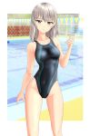  1girl absurdres black_swimsuit blue_eyes blurry breasts competition_swimsuit covered_navel cowboy_shot depth_of_field girls_und_panzer highleg highleg_swimsuit highres itsumi_erika looking_at_viewer medium_breasts medium_hair one-piece_swimsuit parted_lips pool silver_hair solo standing string_of_flags swimsuit takafumi 