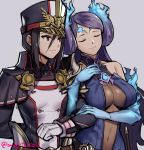  2girls arm_hug black_hair blue_gloves blue_hair breasts brighid_(xenoblade) closed_eyes double_bun elbow_gloves fiery_hair ge-b gloves grey_background hat military military_hat military_uniform morag_ladair_(xenoblade) multiple_girls smile uniform upper_body white_gloves xenoblade_chronicles_(series) xenoblade_chronicles_2 yuri 