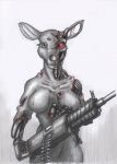  2020 breasts cervid damage female glowing glowing_eyes gun hi_res light_machine_gun machine mammal notched_ear ranged_weapon red_eyes robot robotic_reveal solo spiritalpha terminator weapon 