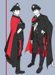  2boys black_cape black_eyes black_flower black_hair black_headwear black_jacket black_neckwear black_pants boots cape carabinieri closed_eyes closed_mouth collar collared_shirt commentary_request crossed_arms facial_hair flower from_side full_body goatee golden_kamuy grey_background hand_on_hip hat highres holster jacket long_sleeves looking_at_another male_focus military military_hat military_uniform mole mole_on_cheek multiple_boys necktie ogata_hyakunosuke pants parted_lips pocket red_cape sayasaka scar scar_on_cheek scar_on_face sheath shirt short_hair simple_background smile standing two-tone_cape uniform usami_tokishige white_shirt 