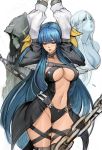  1boy 2girls arms_up asymmetrical_wings belt black_legwear black_panties blue_hair blush breasts carcass_(artist) chain choker cleavage closed_eyes collarbone dizzy_(guilty_gear) gears green_eyes guilty_gear guilty_gear_x guilty_gear_xx hair_between_eyes hair_ribbon hair_rings large_breasts long_hair long_sleeves midriff monster_girl multiple_girls navel necro_(guilty_gear) panties puffy_long_sleeves puffy_sleeves ribbon simple_background skull stomach thick_thighs thigh_strap thighs twintails underboob underwear undine_(guilty_gear) white_background wings yellow_ribbon 