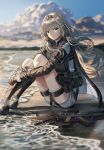  1girl an-94 an-94_(girls_frontline) assault_rifle bag bangs blonde_hair blue_eyes blurry blurry_background closed_mouth cloud cloudy_sky girls_frontline gloves gun hairband leg_hug long_hair looking_at_viewer low_tied_hair outdoors platinum_blonde_hair rifle silence_girl sitting sky smile solo tactical_clothes water weapon 
