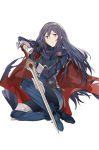  1girl armor belt belt_buckle blue_cape blue_eyes blue_gloves blue_hair breastplate buckle cape closed_mouth commentary_request falchion_(fire_emblem) fingerless_gloves fire_emblem fire_emblem_awakening floating_hair gloves hair_between_eyes highres holding holding_sword holding_weapon long_hair long_sleeves looking_at_viewer lucina_(fire_emblem) multicolored multicolored_cape multicolored_clothes neee-t red_cape shoulder_armor simple_background smile solo sword tiara weapon white_background 
