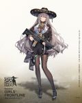  1girl assault_rifle blue_eyes breasts character_name choker commentary_request eyebrows_visible_through_hair fx-05_(girls_frontline) fx-05_xiuhcoatl girls_frontline grey_hair gun hat high_heels highres jacket large_breasts long_hair mexican mexican_dress miyazaki_byou official_art rifle solo sombrero sweater thighhighs trigger_discipline weapon 