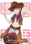  1girl aoi_kumiko background_text belt bikini black_hair blue_bikini chaps commentary_request cowboy_hat hair_over_shoulder happy_new_year hat highres kerchief long_hair mechanical_bull new_year one_eye_closed original red_eyes red_neckwear riding riding_machine side-tie_bikini solo swimsuit vest white_background 