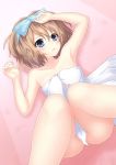  1girl blanc blue_eyes breasts brown_hair collarbone covering from_above highres looking_away lying navel neptune_(series) nude_cover on_back open_mouth short_hair small_breasts taked towel wet 