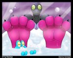  2_toes 4_toes ambiguous_gender amphibian black_border border bubble_bath claws cornchip21 cucumber duo female food foot_focus froakie heartman98 hi_res nintendo plant pok&eacute;mon pok&eacute;mon_(species) salazzle soles toe_claws toes vegetable video_games 