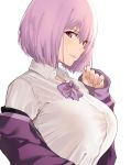  1girl bangs blush bow breasts collared_shirt highres j@ck jacket large_breasts light_purple_hair long_sleeves looking_at_viewer off-shoulder_shirt off_shoulder purple_bow purple_jacket purple_neckwear shinjou_akane shirt short_hair simple_background smile ssss.gridman white_background white_shirt 