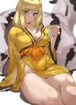  1girl ashiomi_masato bangs bare_shoulders blonde_hair blue_eyes blush breasts cleavage collarbone cow cup guilty_gear guilty_gear_strive highres japanese_clothes kimono large_breasts long_hair long_sleeves looking_at_viewer millia_rage sakazuki sash sitting smile swept_bangs thighs wide_sleeves yellow_kimono 