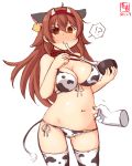  !? @_@ animal_ears animal_print artist_logo belly_grab bikini bowl breasts brown_eyes brown_hair cleavage commentary_request cow_ears cow_horns cow_print cowboy_shot dated disembodied_limb eating fake_animal_ears fake_horns hairband highres horns kanon_(kurogane_knights) kantai_collection large_breasts long_hair mochi pinching plump red_hairband shiratsuyu_(kantai_collection) simple_background spoken_interrobang standing swimsuit thighhighs white_background white_bikini white_legwear zouni_soup 