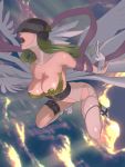 1girl above_clouds angel_wings angewomon blonde_hair breasts covered_eyes digimon hagoromo helmet highres large_breasts long_hair multiple_wings muramura_hito open_mouth pantyhose shawl single_leg_pantyhose solo white_wings winged_helmet wings 