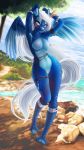  anthro areola armband arms_above_head astra_nova blush breasts clitoral_hood dannalin ear_piercing equid equine fan_character feathered_wings feathers female genitals grey_eyes hasbro hi_res jewelry legband looking_at_viewer mammal my_little_pony navel necklace nipples nude outside pegasus piercing pussy seaside solo spread_wings standing thigh_gap wings 
