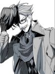  1boy argyle argyle_vest black_gloves coat facial_hair fate/grand_order fate_(series) glasses gloves grey_hair greyscale hand_up hat hat_removed headwear_removed highres james_moriarty_(fate/grand_order) male_focus monochrome mustache scarf simple_background solo suzuki_rui sweater upper_body white_background 