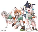  3girls action alternate_costume animal_ears beige_shirt beige_shorts black_footwear black_hair blonde_hair blowhole blue_eyes blue_hair blush chalk collared_shirt commentary_request common_dolphin_(kemono_friends) dhole_(kemono_friends) dog_ears dog_girl dog_tail dolphin_tail extra_ears eyebrows_visible_through_hair glasses gloves green_eyes green_footwear green_shirt grey_hair highres kemono_friends kemono_friends_3 khakis kneeling light_brown_hair matching_outfit meerkat_(kemono_friends) meerkat_ears meerkat_tail multicolored_hair multiple_girls neck_ribbon neckwear pov ribbon shirt shoes short_hair short_sleeves shorts sneakers socks tail takebi two-tone_footwear two-tone_hair two-tone_shirt uniform whistle white_background white_gloves white_hair white_legwear 