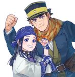  1boy 1girl ainu ainu_clothes arm_up asirpa bandana belt black_hair blue_bandana blue_coat blue_eyes blue_headband blue_headwear brown_belt brown_scarf clenched_hand closed_mouth coat commentary_request golden_kamuy hairband hat headband imperial_japanese_army kepi long_hair long_sleeves military military_hat military_uniform open_mouth pouch sayasaka scar scar_on_face scar_on_nose scarf simple_background smile standing star_(symbol) sugimoto_saichi teeth two-tone_hairband uniform upper_body white_background wide_sleeves yellow_eyes yellow_headwear 