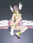  1girl angel_wings angewomon arm_support blonde_hair boots breasts closed_mouth convenient_leg covered_eyes digimon facing_viewer hagoromo head_tilt helmet high_heel_boots high_heels highres large_breasts leaning_back long_hair muramura_hito shawl solo white_footwear white_wings winged_helmet wings 