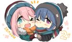  &gt;_o 2girls ;d bangs beanie black_headwear black_jacket blue_eyes blue_hair blush brown_gloves brown_scarf chibi commentary_request eyebrows_visible_through_hair fur-trimmed_jacket fur_trim gloves green_jacket hair_between_eyes hat heart heart_hands heart_hands_duo highres hizuki_yayoi jacket kagamihara_nadeshiko long_hair long_sleeves looking_at_viewer multiple_girls notice_lines one_eye_closed open_mouth pink_hair purple_eyes red_gloves scarf shima_rin simple_background smile upper_body white_background yurucamp 