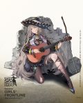  bangs blue_eyes eyebrows_visible_through_hair faux_figurine fx-05_(girls_frontline) girls_frontline grey_hair guitar hat high_heels highres instrument long_hair long_sleeves looking_to_the_side miyazaki_byou music official_art one_knee open_mouth pantyhose playing_instrument sombrero torn_clothes torn_legwear 
