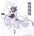  1girl :3 :d absurdres animal_ears azur_lane bangs black_hair blue_eyes blush breasts character_name cheshire_(azur_lane) cleavage commentary detached_collar detached_sleeves dress dress_lift expressions eyebrows_visible_through_hair fake_animal_ears fang frilled_hairband frilled_headband frilled_ribbon frills full_body garter_straps hair_intakes hairband high_heels highres large_breasts long_ribbon looking_at_viewer maid_headdress multicolored_hair open_mouth paw_pose puffy_detached_sleeves puffy_sleeves purple_apron purple_footwear purple_neckwear ribbon sakana_mochi short_hair sidelocks simple_background skin_fang skindentation smile standing standing_on_one_leg strapless strapless_dress streaked_hair thighhighs watermark web_address weibo_id white_background white_dress white_legwear wrist_cuffs zettai_ryouiki zoom_layer 