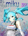  1girl armpit_peek blue_eyes blue_hair breasts character_name charange elbow_gloves floating_hair gloves hatsune_miku headset highres leaf logo medium_breasts racing_miku racing_miku_(2014) smile solo twintails vocaloid white_gloves 