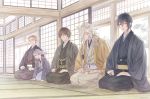  5boys black_hair blue_eyes brown_hair closed_eyes eyebrows_visible_through_hair eyes_visible_through_hair grey_eyes haori highres ima-no-tsurugi ishikirimaru iwatooshi japanese_clothes kimono kogitsunemaru male_focus mikazuki_munechika multiple_boys open_mouth orange_hair red_eyes seiza sitting sliding_doors smile suzuneko-rin tatami touken_ranbu white_hair 