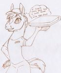  ... anthro bottomwear briskby clothed clothing english_text equid equine fully_clothed grin hat headgear headwear holding_object hooves horse mammal pants pizza_box pizzacolt_(zhan) shirt simple_background smile solo t-shirt text thought_bubble topwear white_background 