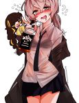  absurdres alcohol blush bottle drunk girls_frontline grey_eyes grey_hair highres holding holding_bottle jack_daniel&#039;s jacket m16a1_(girls_frontline) m200_(girls_frontline) miniskirt necktie panichyun saliva see-through skirt sweat undressing whiskey white_background 