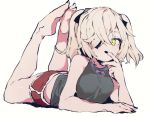  1girl bare_shoulders barefoot blonde_hair casual ddari eyepatch feet fischl_(genshin_impact) genshin_impact green_eyes hair_ribbon lying nail_polish on_stomach red_shorts ribbon shirt short_shorts shorts simple_background sleeveless sleeveless_shirt solo twintails white_background 