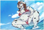  2021 anthro big_breasts bikini black_nose black_spots braided_hair breasts butt butt_from_the_front canid canine canis chubby_female cleavage clothed clothing crouching d-wop dalmatian digital_media_(artwork) domestic_dog feet_in_water female fingers fur hair hand_on_leg hand_on_thigh hi_res looking_aside mammal monika_(klausd) navel open_mouth outside partially_submerged pose red_bikini red_hair slightly_chubby solo spots spotted_body spotted_fur swimwear teeth tongue water white_body white_fur 