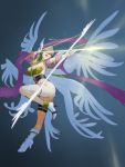  1girl aiming angel_wings angewomon arrow_(projectile) blonde_hair boots bow bow_(weapon) breasts covered_eyes digimon hagoromo helmet high_heel_boots high_heels highres holding holding_arrow holding_bow holding_bow_(weapon) holding_weapon large_breasts leg_up long_hair muramura_hito o-ring_belt open_mouth shawl solo standing standing_on_one_leg weapon white_footwear white_wings winged_helmet wings 
