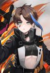  1girl absurdres bandaid bandaid_on_face belt blue_eyes breasts brown_hair crop_top fire girls_frontline gun handgun highres holding holding_gun holding_weapon load_bearing_equipment midriff_peek pistol radio saiun_sigma short_hair small_breasts suspenders sweat tec-9 tec-9_(girls_frontline) trigger_discipline weapon 