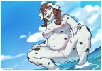  2021 anthro areola big_breasts black_nose black_spots braided_hair breasts butt butt_from_the_front canid canine canis chubby_female crouching d-wop dalmatian digital_media_(artwork) domestic_dog feet_in_water female fingers fur genitals hair hand_on_leg hand_on_thigh hi_res looking_aside mammal monika_(klausd) navel nipples nude open_mouth outside partially_submerged pink_areola pink_nipples pose pussy red_hair slightly_chubby solo spots spotted_body spotted_fur teeth tongue water white_body white_fur 