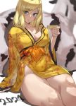  1girl 2021 ashiomi_masato bangs bare_shoulders blonde_hair blue_eyes blush breasts cleavage collarbone cow cup floral_print guilty_gear guilty_gear_strive highres japanese_clothes kimono large_breasts long_hair long_sleeves looking_at_viewer millia_rage sakazuki sash sitting smile swept_bangs thighs wide_sleeves yellow_kimono 