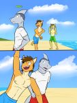  3:4 adam_caro anthro beach canid canine canis clothed clothing comic coyote felid feline fish frisbee fully_clothed fuze group hi_res ian_(fuze) lynx male mammal marine mond_reyes navel nipples seaside shark shirt swimming_trunks swimwear t-shirt texnatsu topless topwear 